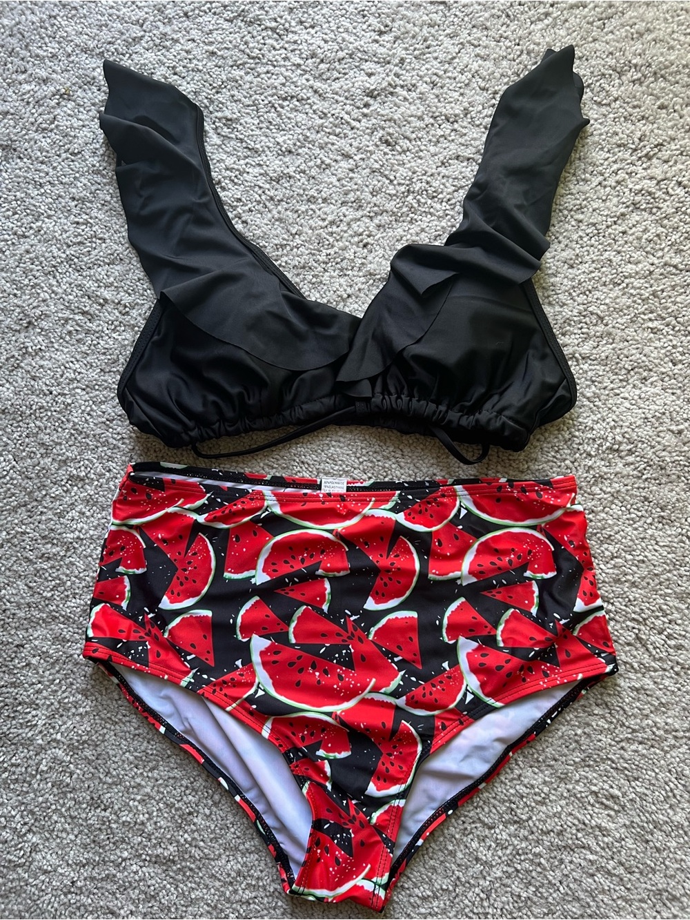 Black Watermelon Fruit Print Bikini Set Size L Fun Summer Swimsuit